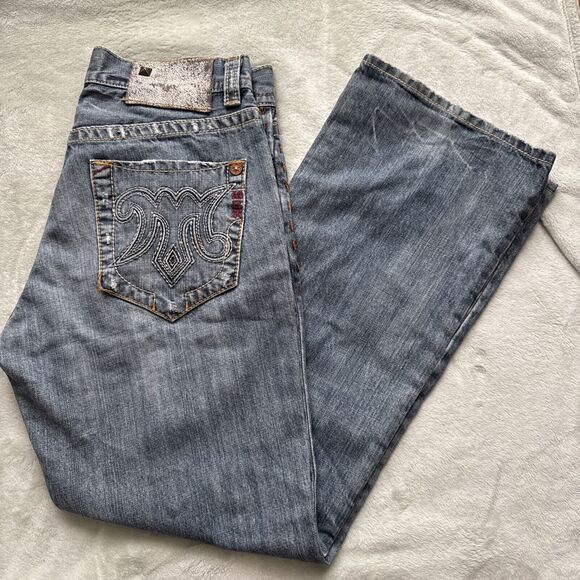 MEK Denim Jeans Boracay Bootcut Mens Distressed Embellished Medium Wash 32x32 - Picture 1 of 16